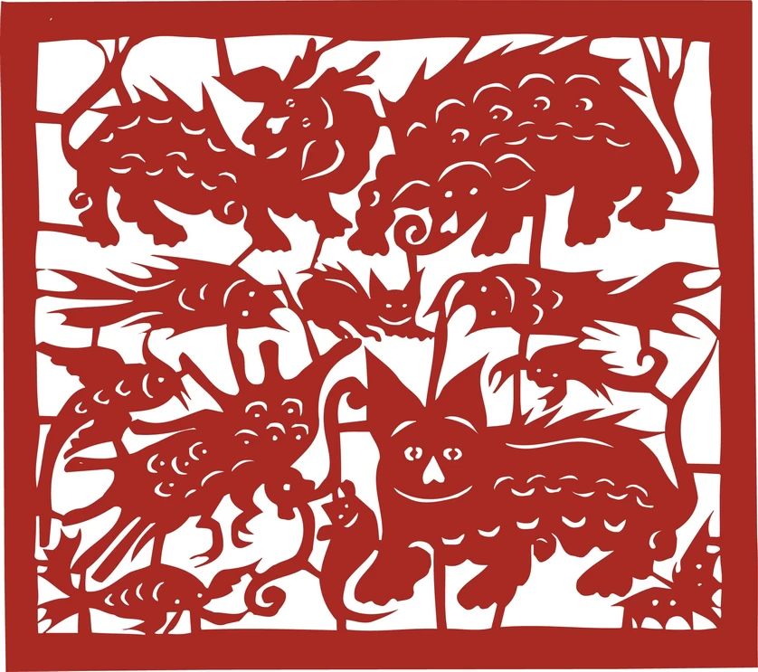中国风中式传统喜庆民俗人物动物窗花剪纸插画边框AI矢量PNG素材【697】